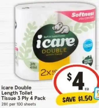 icare Double Length Toilet Tissue 3 Ply 4 Pack