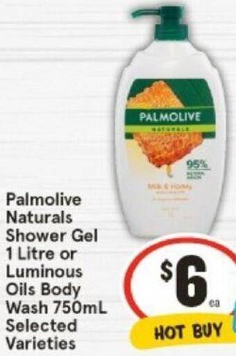 IGA Palmolive Naturals Shower Gel 1 Litre or Luminous Oils Body Wash 750mL offer