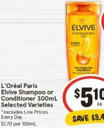 IGA L'Oréal Paris Elvive Shampoo or Conditioner 300mL offer