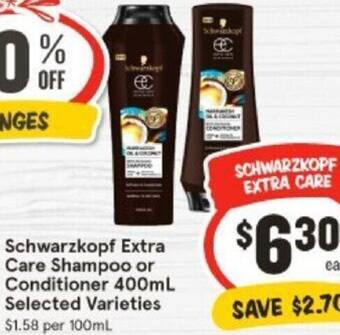 IGA Schwarzkopf Extra Care Shampoo or Conditioner 400mL offer