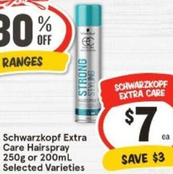 IGA Schwarzkopf Extra Care Hairspray 250g or 200mL offer