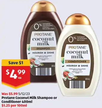 ALDI Protane Coconut Milk Shampoo or Conditioner 400ml offer