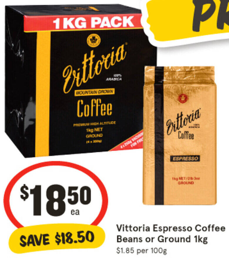 Vittoria Espresso Coffee Beans or Ground 1kg offer at IGA