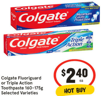 IGA Colgate Fluoriguard or Triple Action Toothpaste 160-175g offer