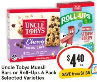 IGA Uncle Tobys Muesli Bars or Roll-Ups 6 Pack offer