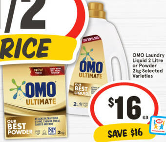 IGA OMO Laundry Liquid 2 Litre or Powder 2kg offer