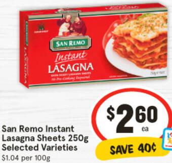 IGA San Remo Instant Lasagna Sheets 250g offer