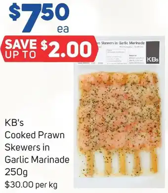 Foodland KB's Cooked Prawn Skewers in Garlic Marinade 250g offer