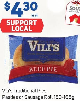 Foodland Vili's Traditional Pies, Pasties or Sausage Roll 150-165g offer