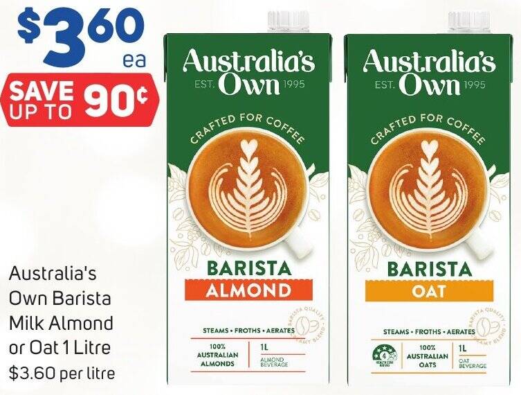 Australia's Own Barista Milk Almond or Oat 1 Litre offer at Foodland