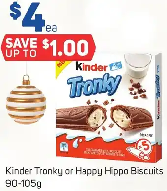 Foodland Kinder Tronky or Happy Hippo Biscuits 90-105g offer