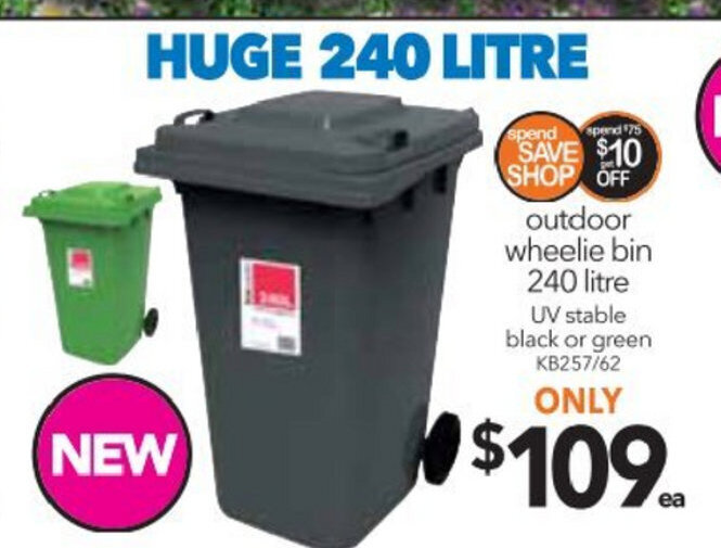 Outdoor Wheelie Bin 240 Litre UV Stable Black or Green KB257/62 offer