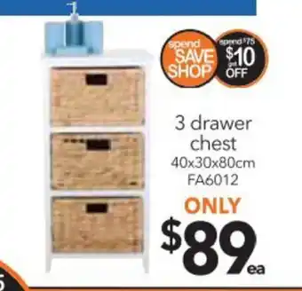 Cheap as Chips 3 Drawer Chest 40 x 30 x 80cm - FA6012 offer