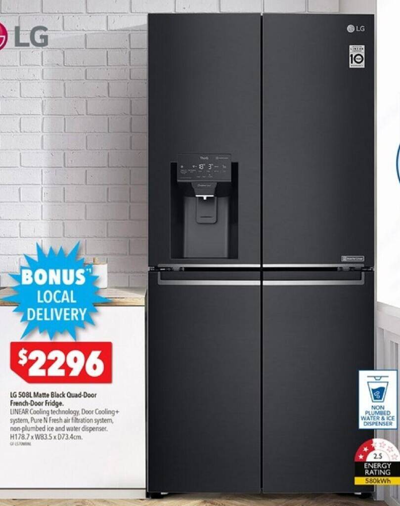 LG 508L Matte Black QuadDoor FrenchDoor Fridge offer at Harvey Norman