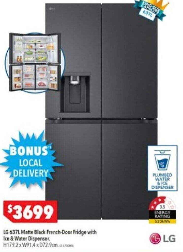 LG 637L Matte Black FrenchDoor Fridge with Ice & Water Dispenser offer