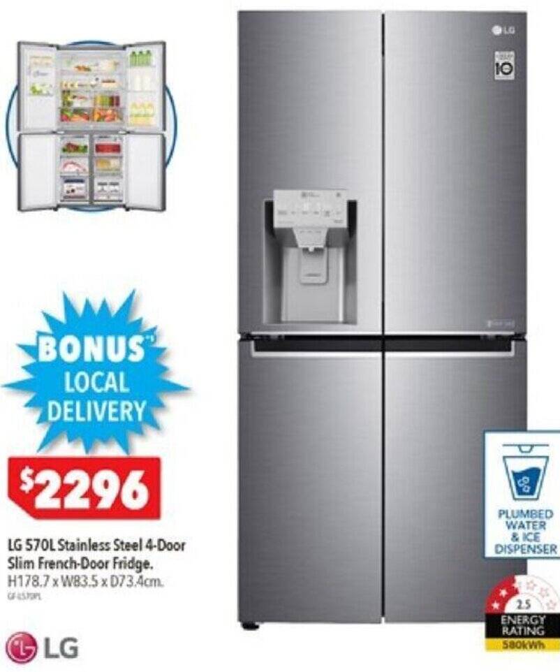 LG 570L Stainless Steel 4Door Slim FrenchDoor Fridge offer at Harvey