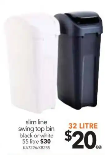 Cheap as Chips Slim Line Swing Top Bin Black or White 32 Litre offer