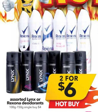 Cheap as Chips Assorted Lynx or Rexona Deodorants 100g-150g offer