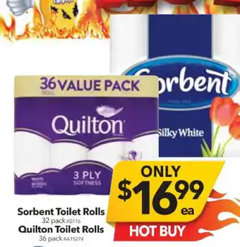 Cheap as Chips Sorbent Toilet Rolls 32 Pack / Quilton Toilet Rolls 36 pack offer