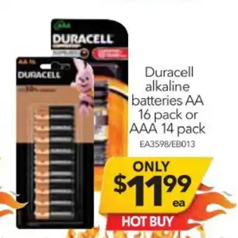 Durecell Alkaline Batteries AA 16 Pack or AAA 14 Pack