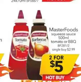MasterFoods Squeeze Sauce 500ml Tomato or BBQ
