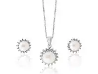 Shiels Sterling Silver Freshwater Pearl & Zirconia Pendant & Earring Set with 45cm Chain offer