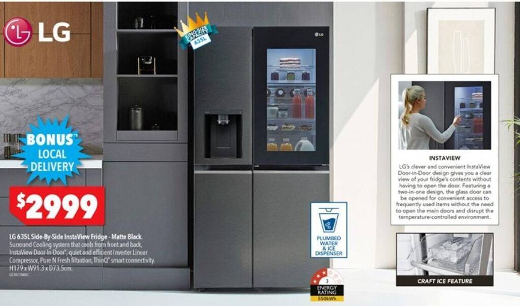 LG 635L SideBySide InstaView Fridge Matte Black offer at Harvey Norman