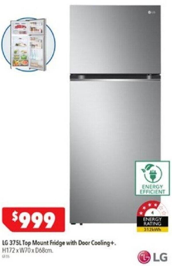LG 375L Top Mount Fridge with Door Cooling offer at Harvey Norman
