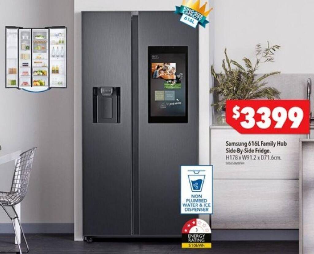 Samsung 616L Family Hub SideBySide Fridge offer at Harvey Norman