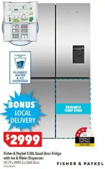 Harvey Norman Fisher & Paykel 538L Quad-Door Fridge with Ice & Water Dispenser offer