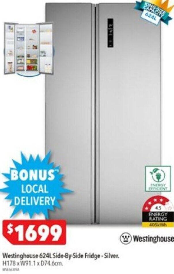 Westinghouse 624L SideBySide Fridge Silver offer at Harvey Norman