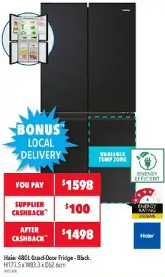 Haier 480L Quad-Door Fridge - Black