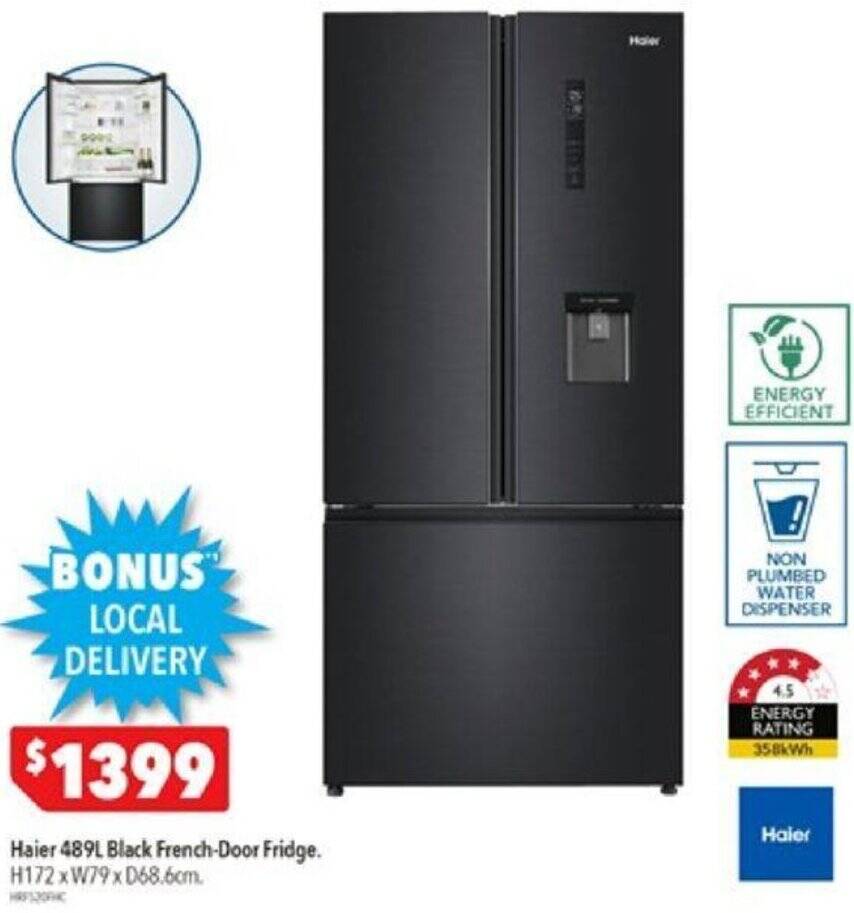 Haier 489L Black FrenchDoor Fridge offer at Harvey Norman