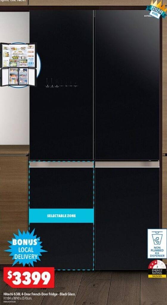 Hitachi 638L 4Door FrenchDoor Fridge Black Glass offer at Harvey Norman