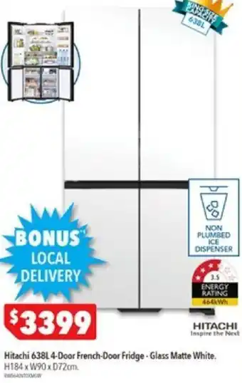 Hitachi 638L 4-Door French-Door Fridge-Glass Matte White