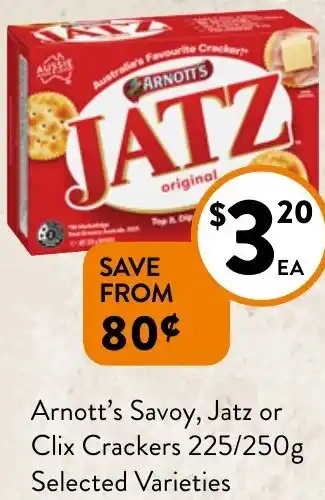 Arnott's Savoy, Jatz or Clix Crackers 225/250g