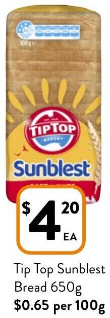 Foodworks Tip Top Sunblest Bread 650g offer