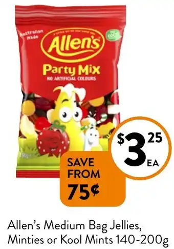 Allen's Medium Bag Jellies, Minties or Kool Mints 140-200g