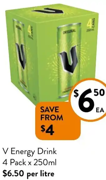 Foodworks V Energy Drink 4 Pack x 250ml offer