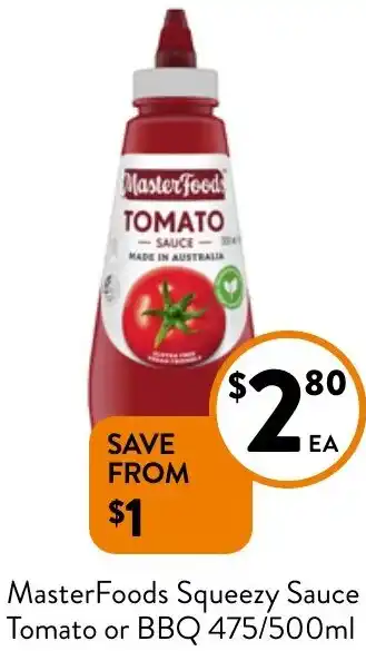 Foodworks MasterFoods Squeezy Sauce Tomato or BBQ 475/500ml offer
