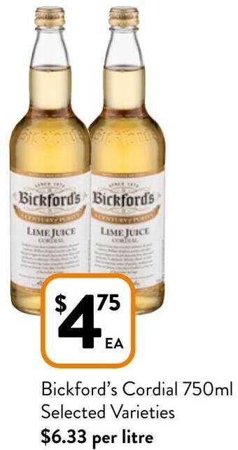Foodworks Bickford's Cordial 750ml offer