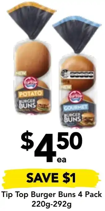 Drakes Tip Top Burger Buns 4 Pack 220g-292g offer