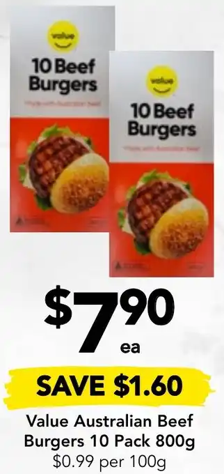 Drakes Value Australian Beef Burgers 10 Pack 800g offer