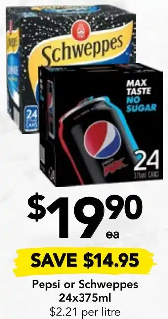Drakes Pepsi or Schweppes 24x375ml offer