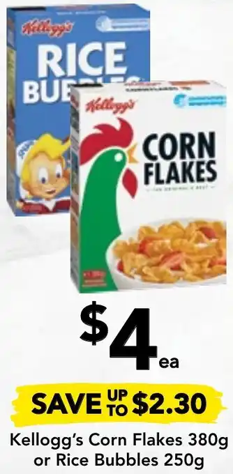 Drakes Kellogg's Corn Flakes 380g or Rice Bubbles 250g offer