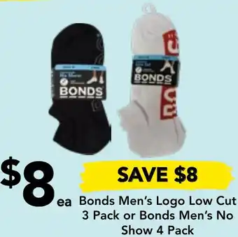 Bonds Men's Logo Low Cut 3 Pack or Bonds Men's No Show 4 Pack