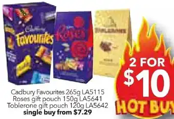 Cheap as Chips Cadbury Favourites 265g, Roses gift pouch 150g, or Toblerone gift pouch 120g offer