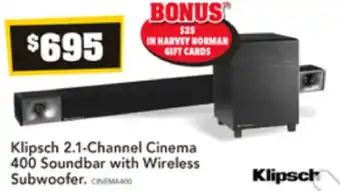Harvey Norman Klipsch 2.1-Channel Cinema 400 Soundbar with Wireless Subwoofer offer