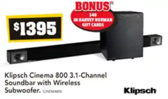 Harvey Norman Klipsch Cinema 800 3.1-Channel Soundbar with Wireless Subwoofer offer