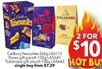 Cheap as Chips Cadbury Favourites 265g, Roses gift pouch 150g or Toblerone gift pouch 120g offer